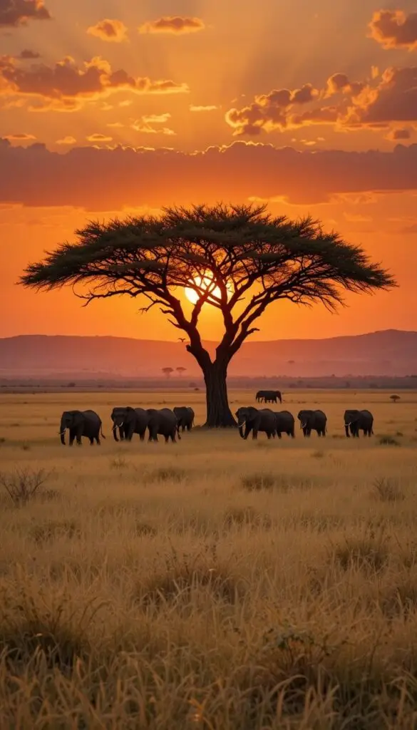 Elefantes bajo una acacia al atardecer