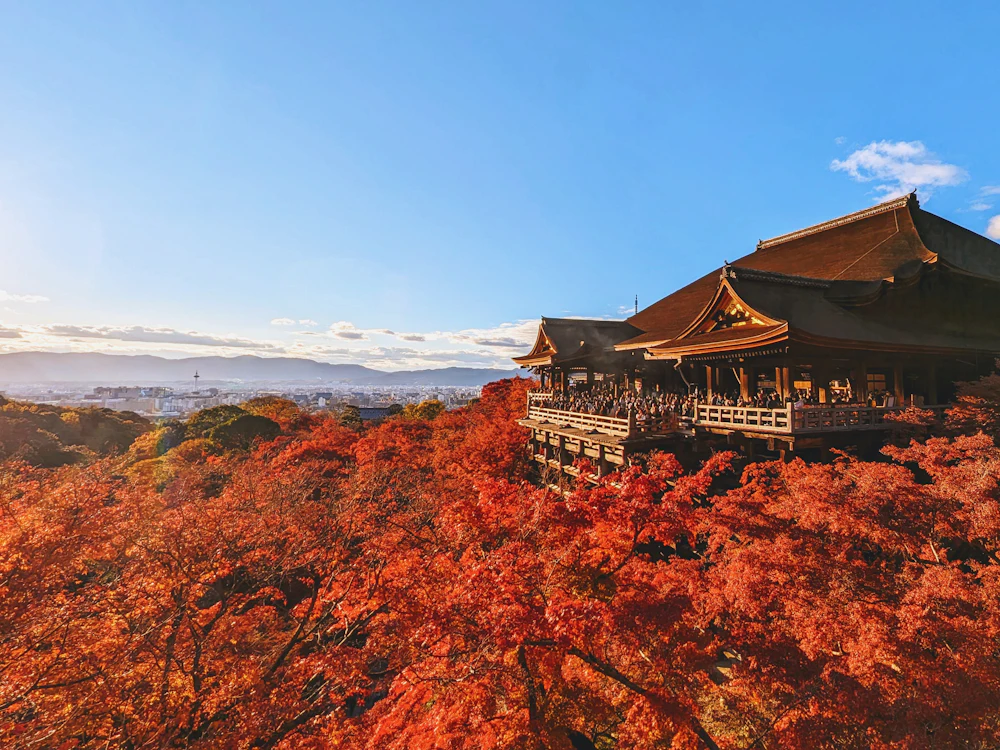El templo Kiyomizu-dera entre arces rojos, en Kioto