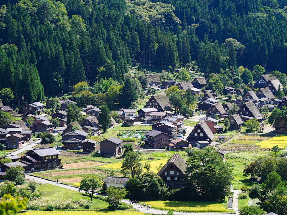 La aldea de Shirakawa-go, con sus casas de techo de paja, vista desde lo alto